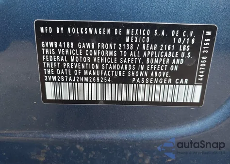 2017 Volkswagen Jetta 1.4T S из США, поврежденный, VIN 3VW2B7AJ2HM269254